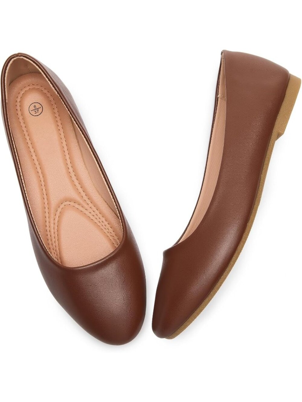 Women's Brown PU Leather Non Slip Low Heel Slip on Ballet Loafer Flat Shoes